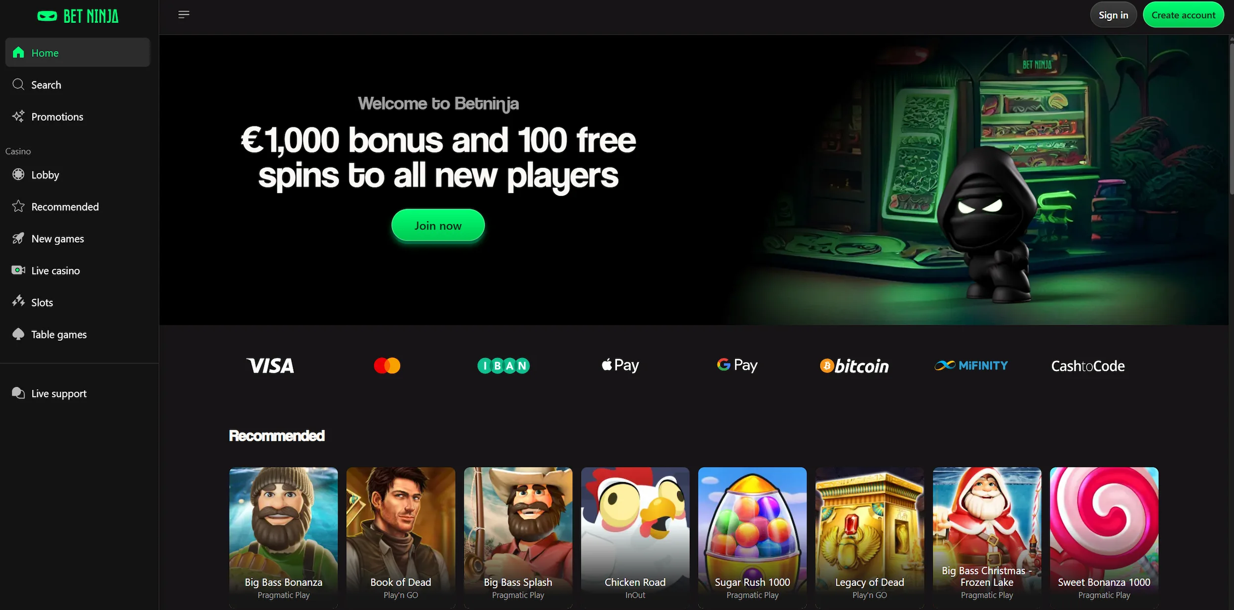 BetNinja casino page showing welcome offer, selection of recommended online pokies and site main navigation