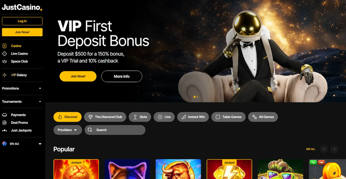 JustCasino page showing vip first deposit bonus offer, selection of online pokies and site main navigation