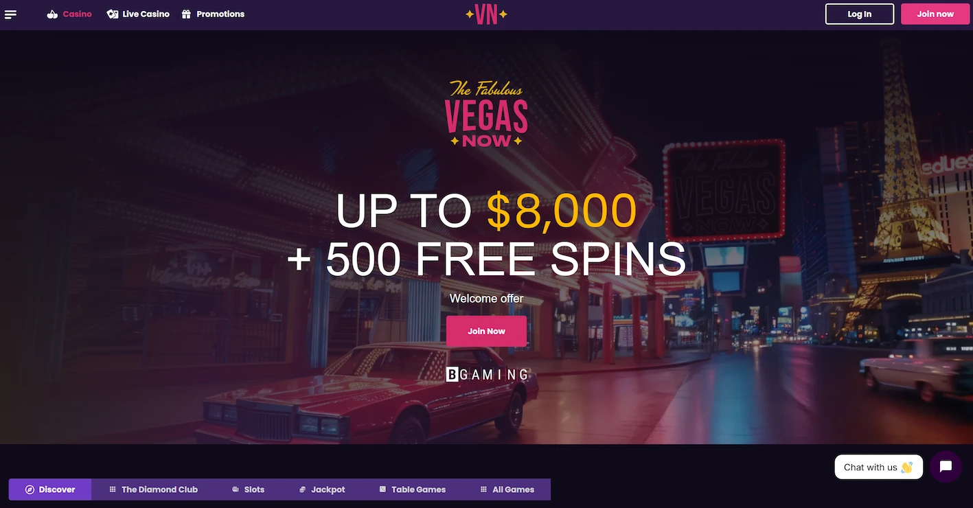 VegasNow casino page showing welcome offer and site main navigation