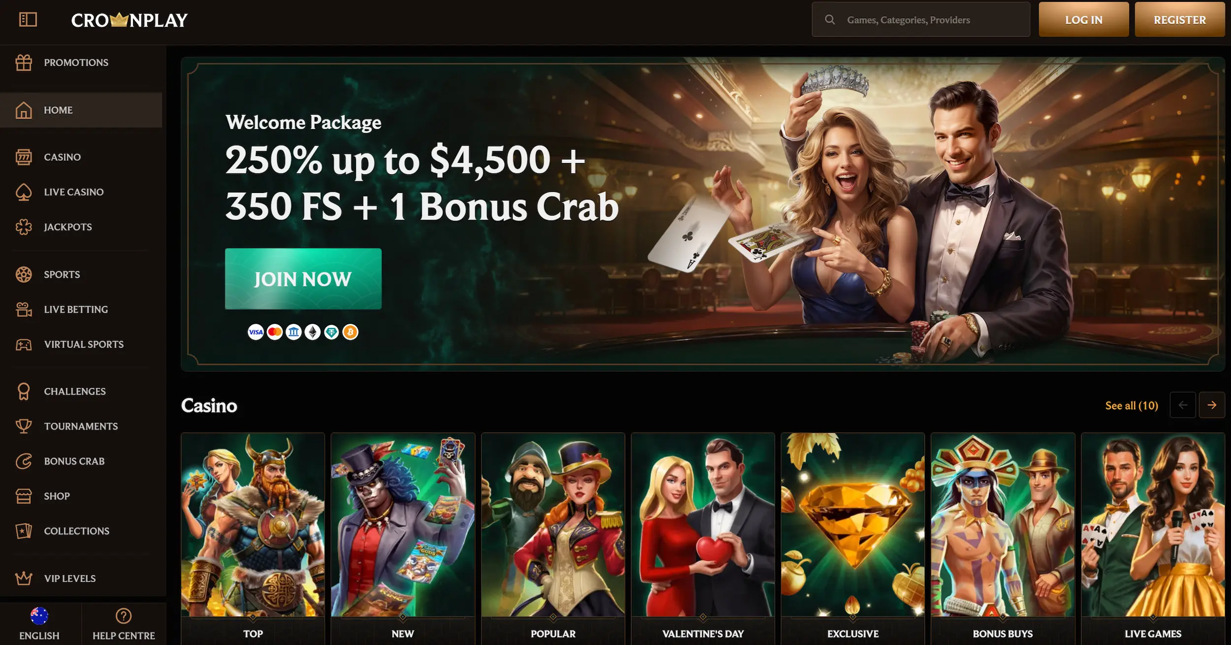 Crownplay casino page showing welcome offer and site main navigation