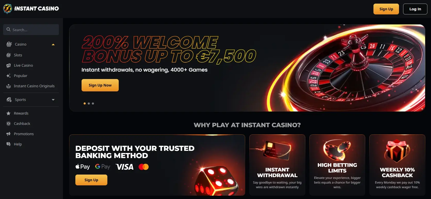 Instant Casino page showing welcome bonus offer and site main navigation